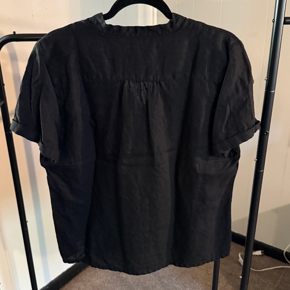 Talbots Linen Black Ruffle V-Neck Short Sleeve Top size L - Picture 3 of 3